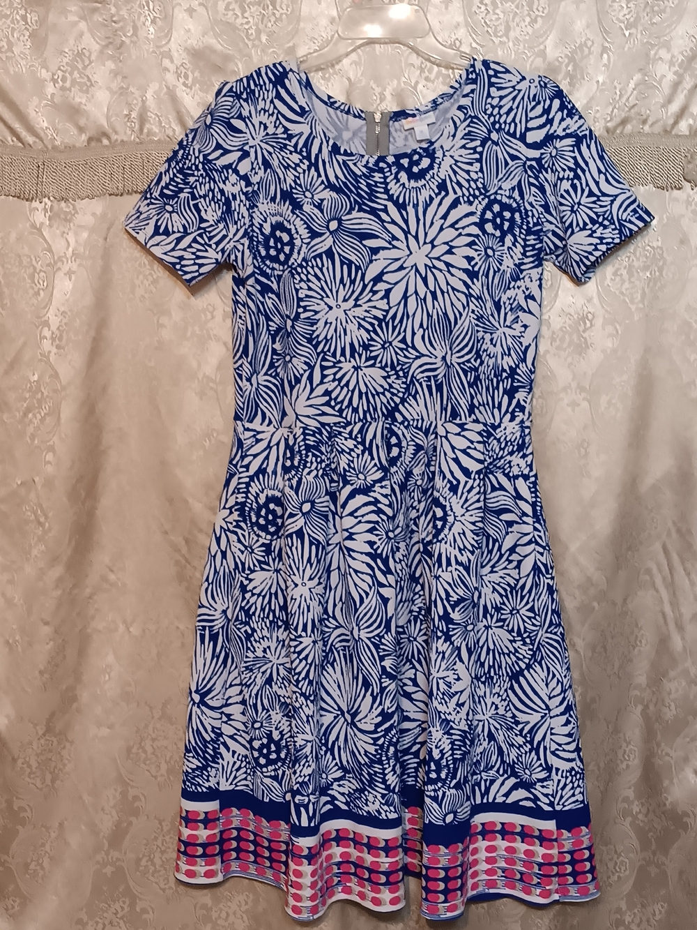 LuLaRoe Blue & White Floral Short Sleeve Dress with Pink Hem Accents